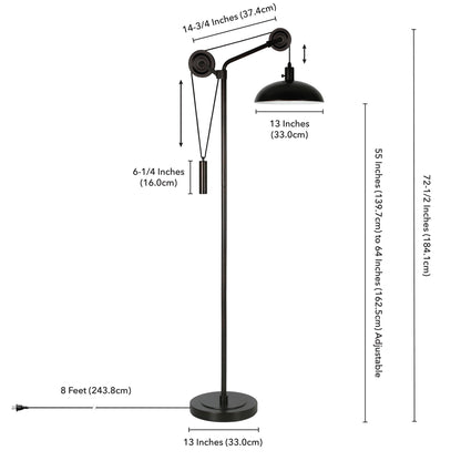 72" Black Reading Floor Lamp With Black Dome Shade