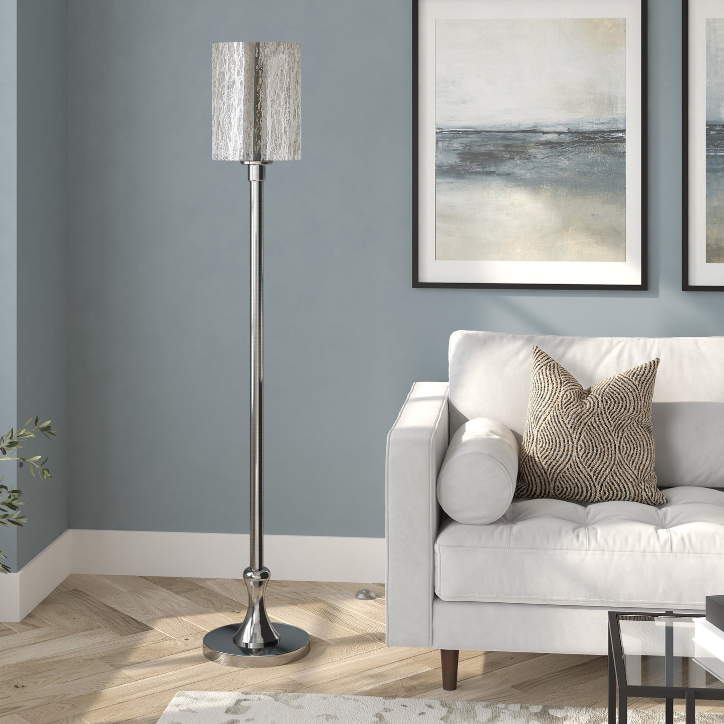 68" Nickel Torchiere Floor Lamp With Silver Transparent Glass Drum Shade