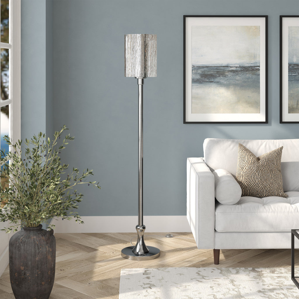 68" Nickel Torchiere Floor Lamp With Silver Transparent Glass Drum Shade