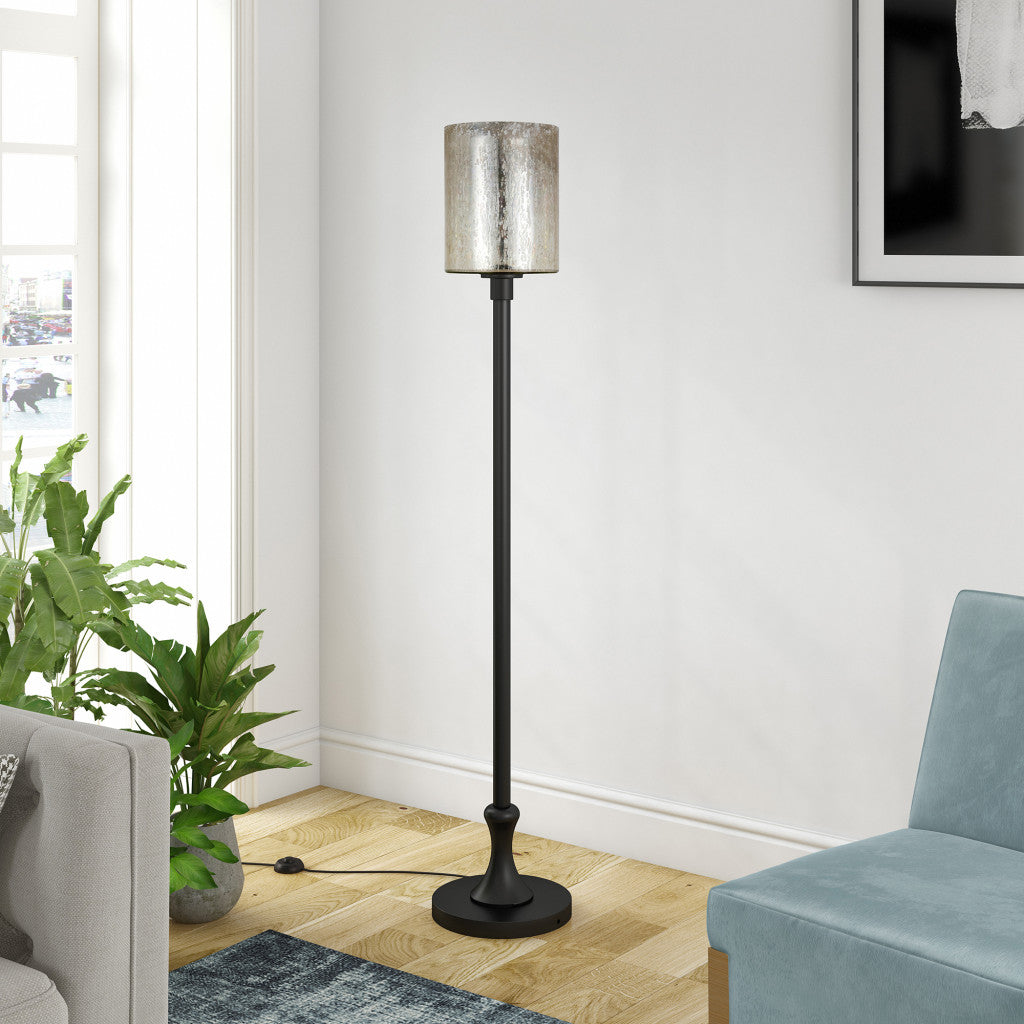 68" Black Torchiere Floor Lamp With Clear Transparent Glass Drum Shade