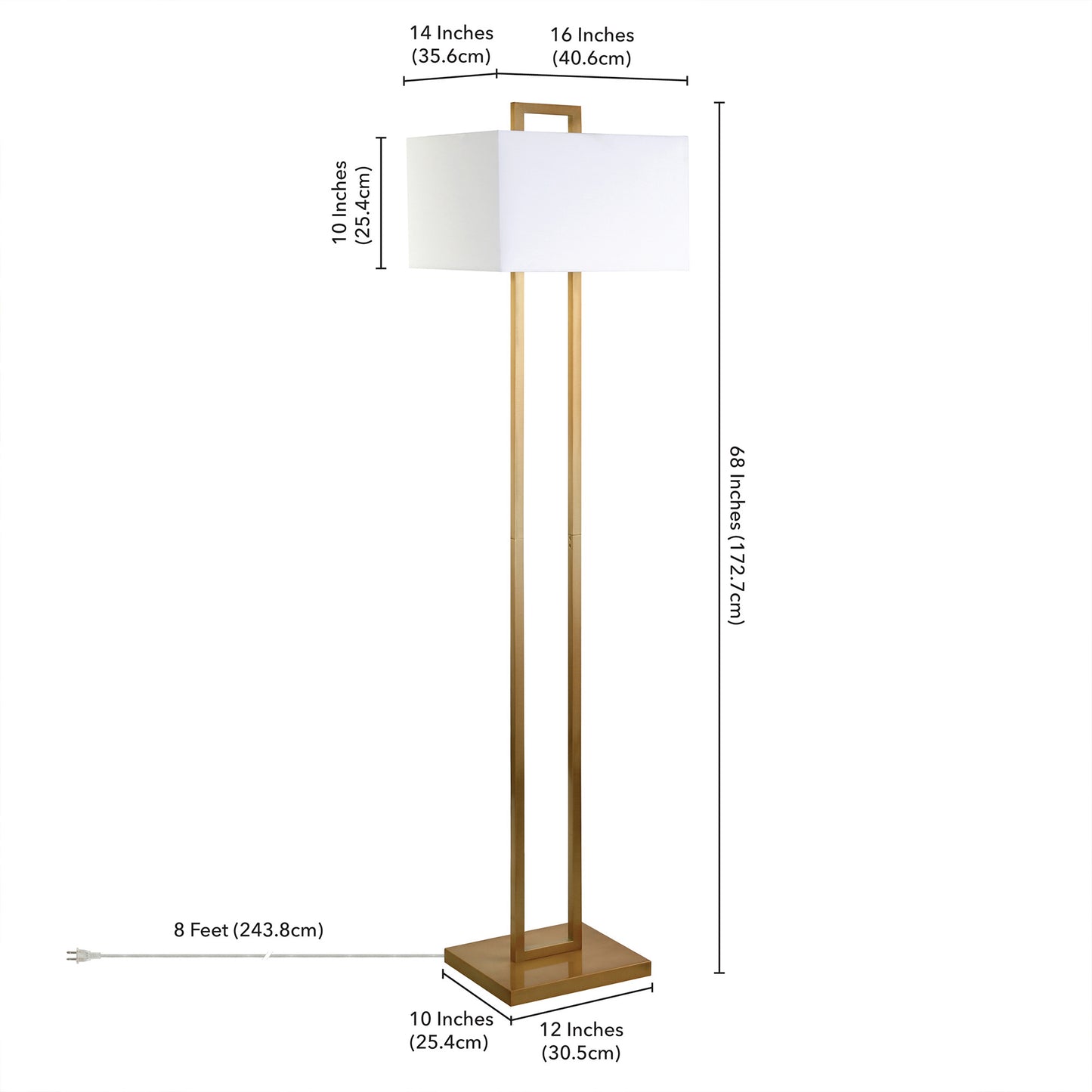 68" Brass Traditional Shaped Floor Lamp With White Frosted Glass Rectangular Shade