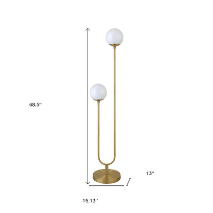 69" Brass Two Light Novelty Floor Lamp With White Frosted Glass Globe Shade