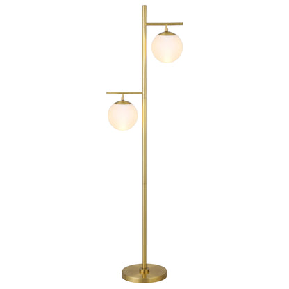 71" Brass Two Light Tree Floor Lamp With White Frosted Glass Globe Shade