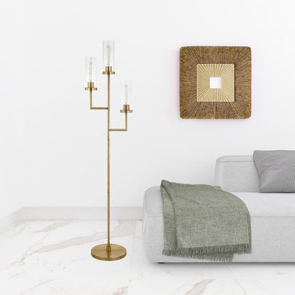 69" Brass Three Light Torchiere Floor Lamp With Clear Transparent Glass Drum Shade