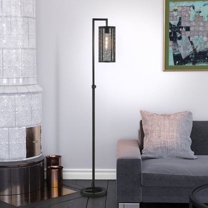 69" Black Floor Lamp With Black Mesh Metal Cylinder Shade