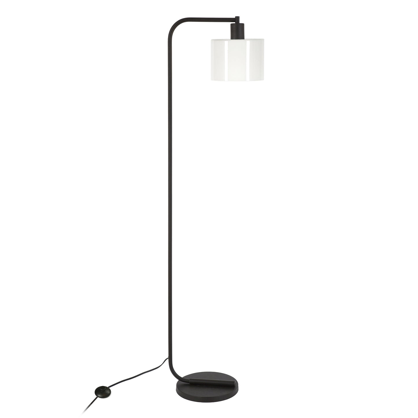 57" Black Arched Floor Lamp With White Frosted Glass Drum Shade