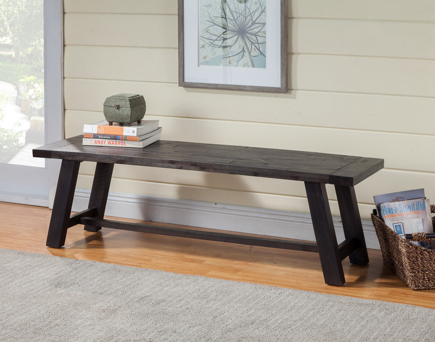 60" Gray And Dark Brown Distressed Wood Dining Bench