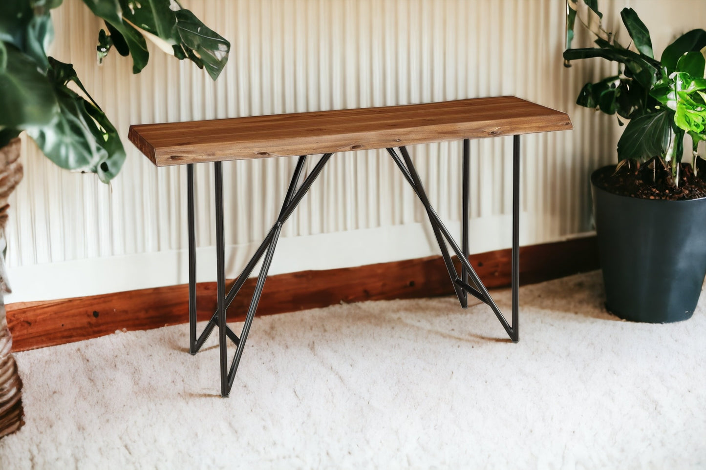 55" Brown and Black Solid and Manufactured Wood Cross Leg Console Table