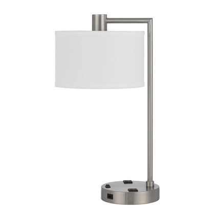 22" Nickel Metal Desk Usb Table Lamp With White Drum Shade