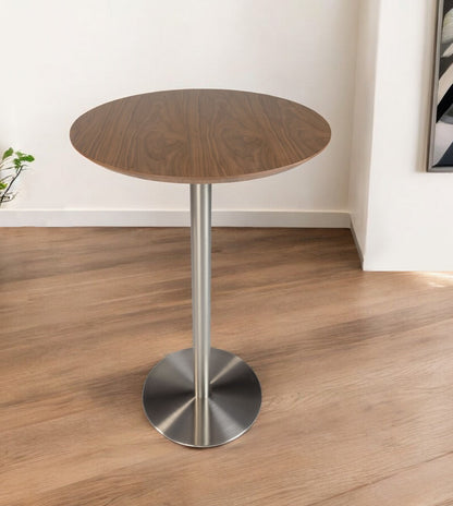 26" Wood Brown and Silver Metallic Rounded Steel Bar Table