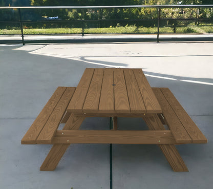 94" Wood Brown Solid Wood Outdoor Picnic Table with Umbrella Hole