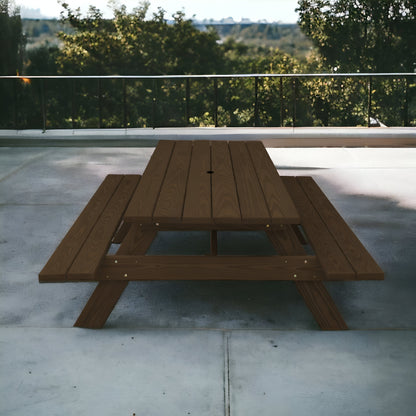 94" Dark Brown Solid Wood Outdoor Picnic Table with Umbrella Hole