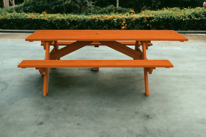 94" Redwood Solid Wood Outdoor Picnic Table with Umbrella Hole