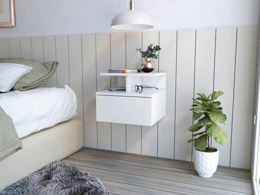 12" White One Drawer Faux Wood Floating Nightstand