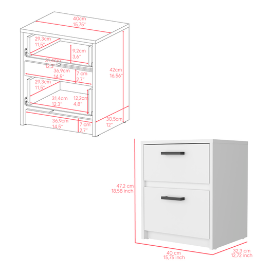 19" White Two Drawer Faux Wood Nightstand