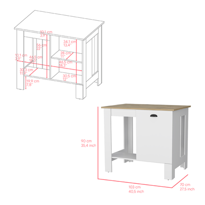 White and Natural 35" Kitchen Island With Storage