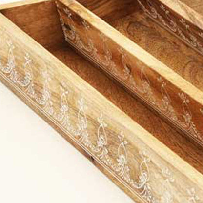 Set of Three Natural Solid Wood Floral Handmade Serving Tray With Handles