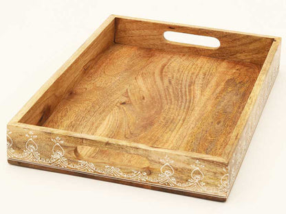 Set of Three Natural Solid Wood Floral Handmade Serving Tray With Handles