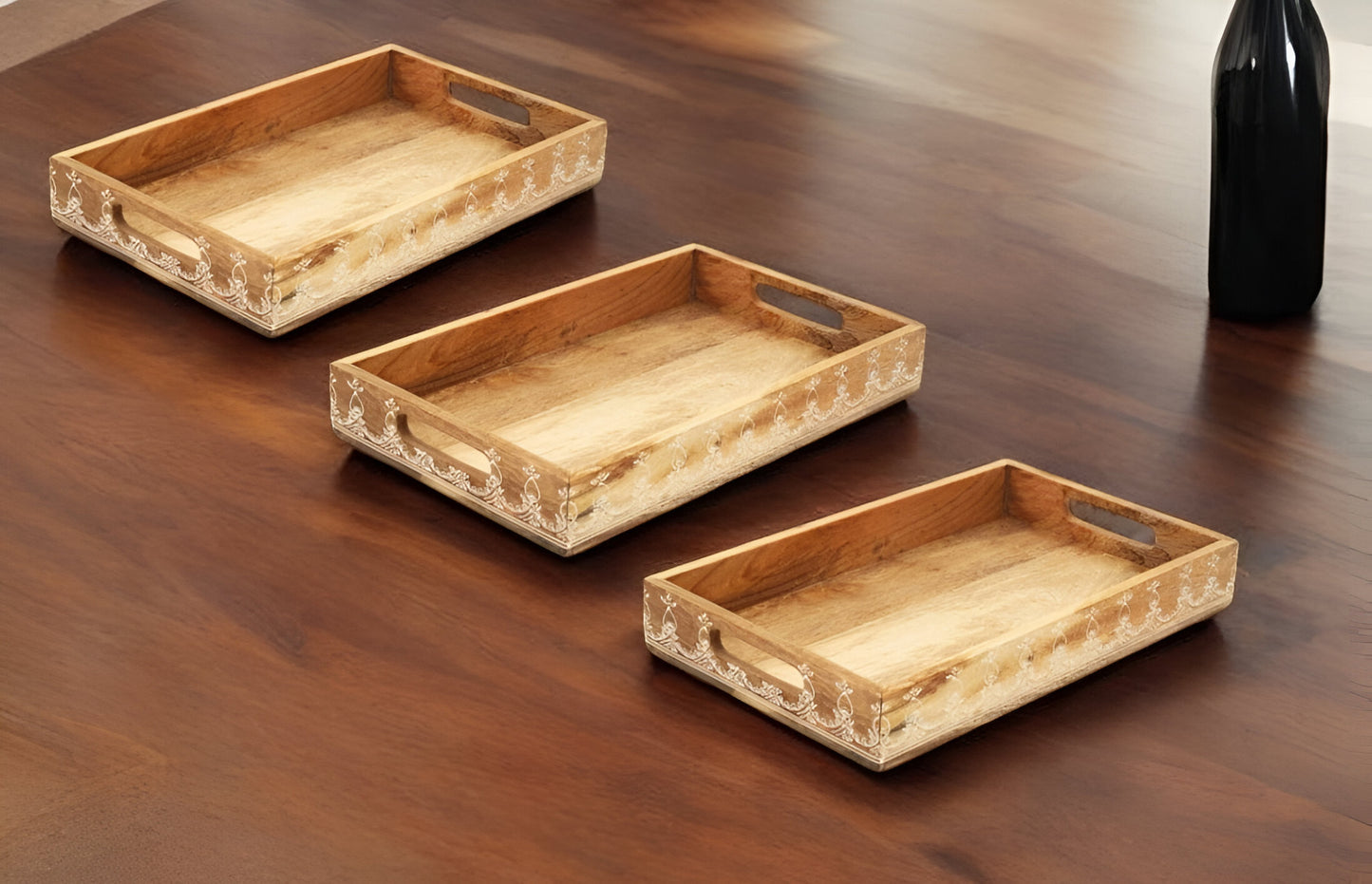 Set of Three Natural Solid Wood Floral Handmade Serving Tray With Handles