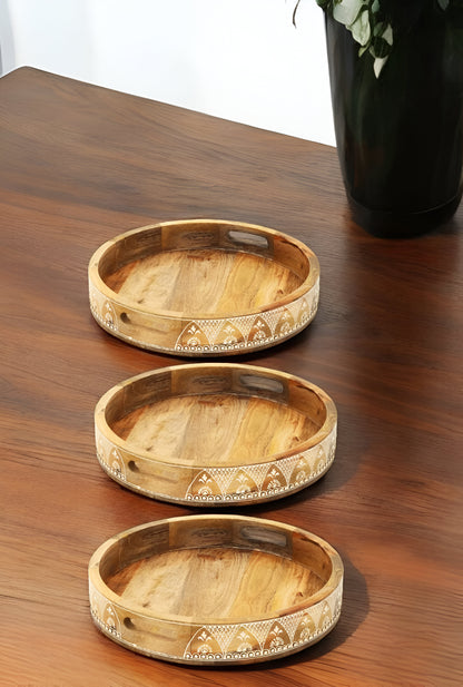 Set Of Three 18" Natural Round Solid Wood Floral Handmade Serving Tray With Handles