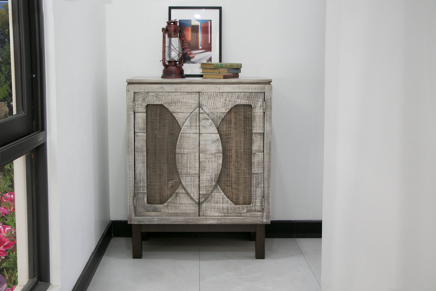 32" White Solid and Manufactured Wood Distressed Buffet Table