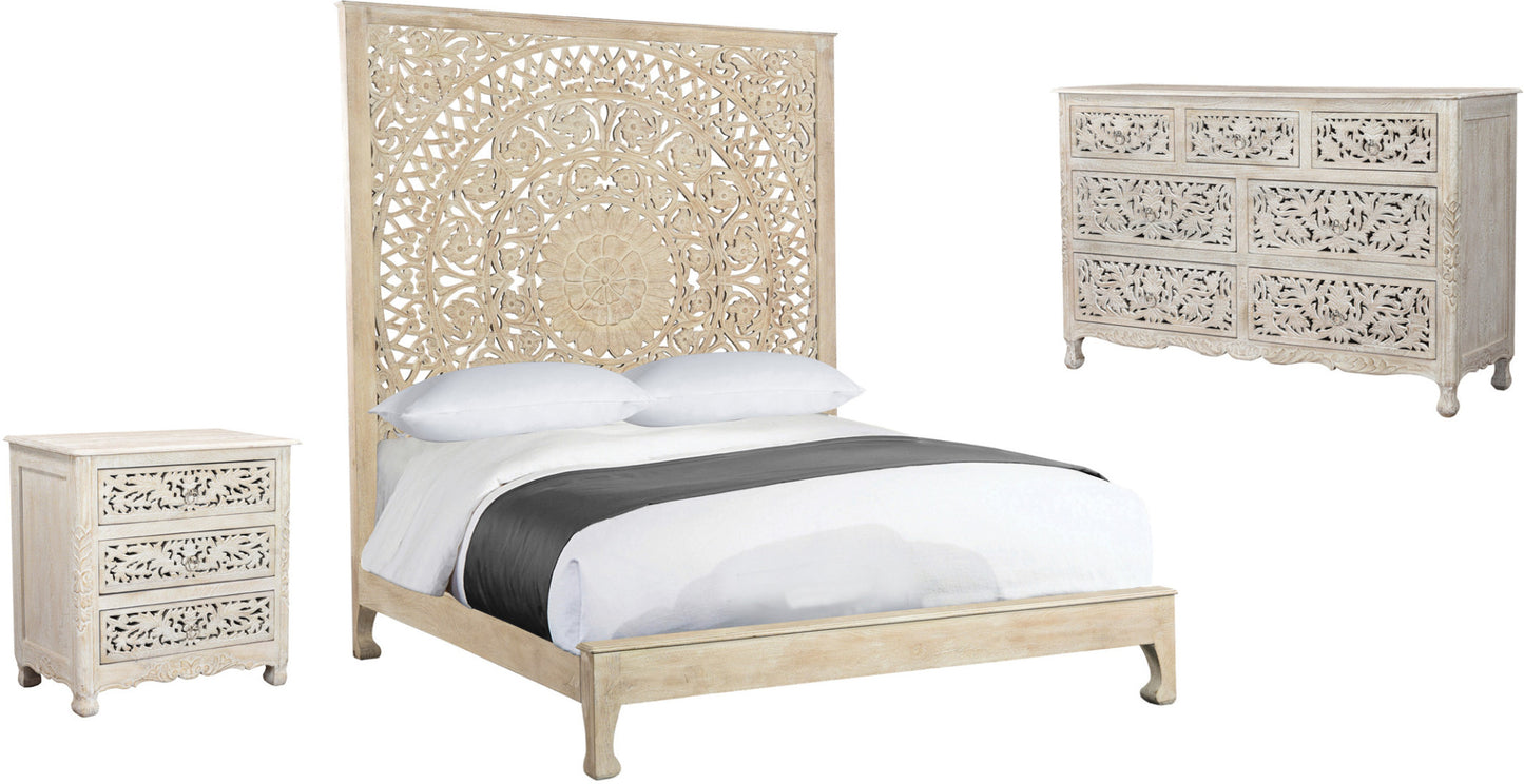 Solid Wood King White Carved Medallion Bed