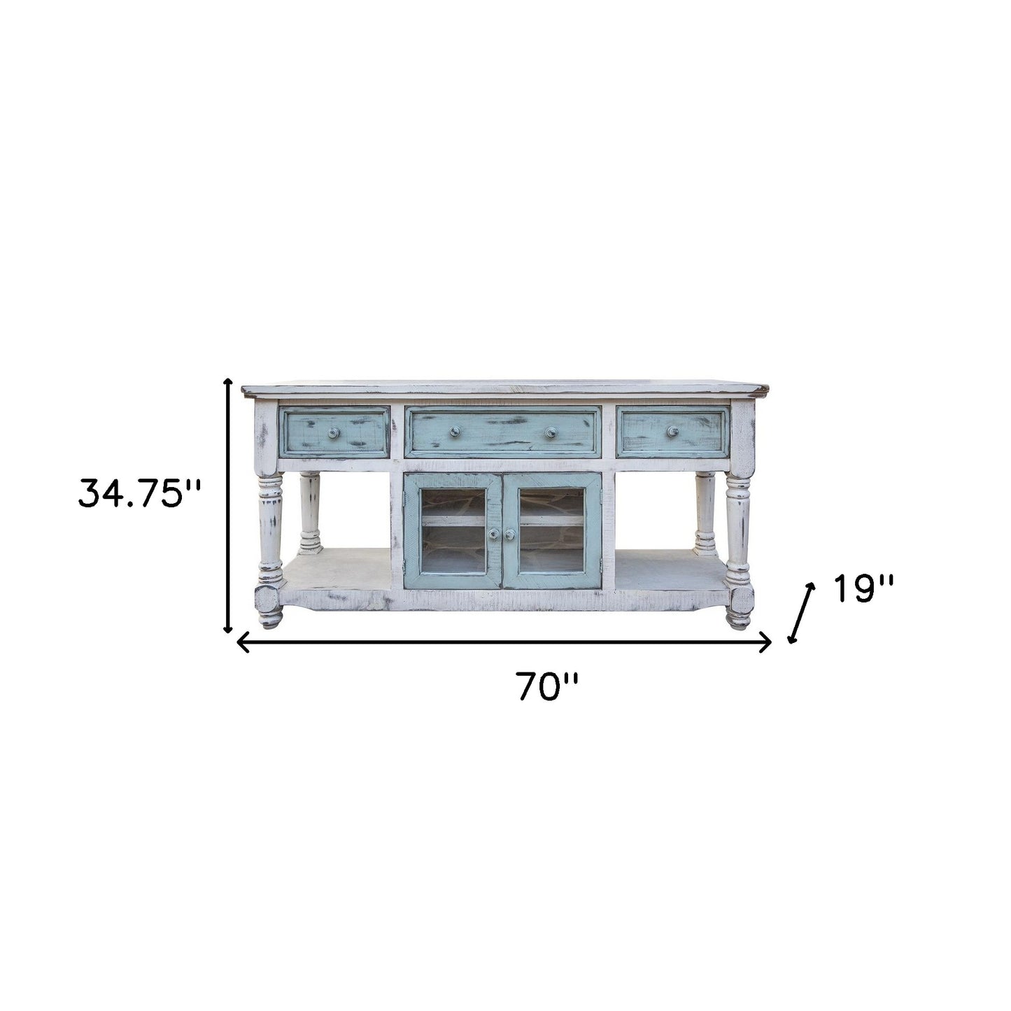 70" Blue and White Solid Wood Open shelving Distressed TV Stand