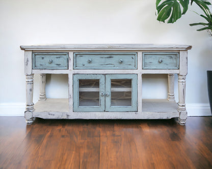 70" Blue and White Solid Wood Open shelving Distressed TV Stand