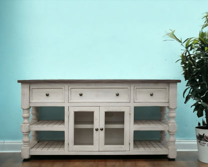 70" Ivory Solid Wood Open shelving Distressed TV Stand