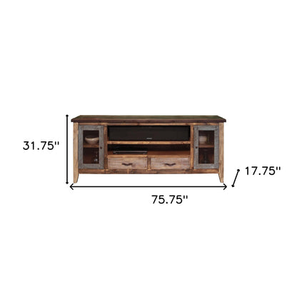 76" Brown Solid Wood Cabinet Enclosed Storage Distressed TV Stand