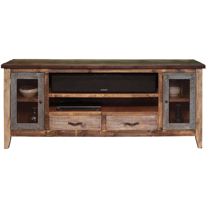 76" Brown Solid Wood Cabinet Enclosed Storage Distressed TV Stand