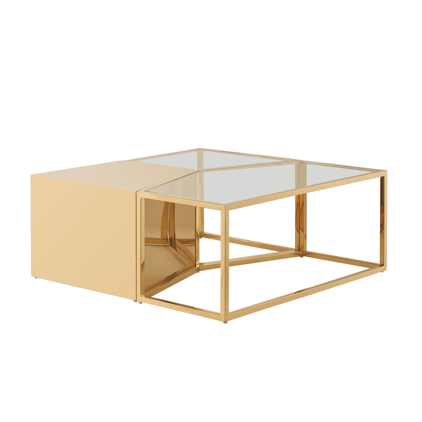 Set of Three 37" Clear And Gold Glass And Stainless Steel Square Mirrored Bunching Coffee Tables