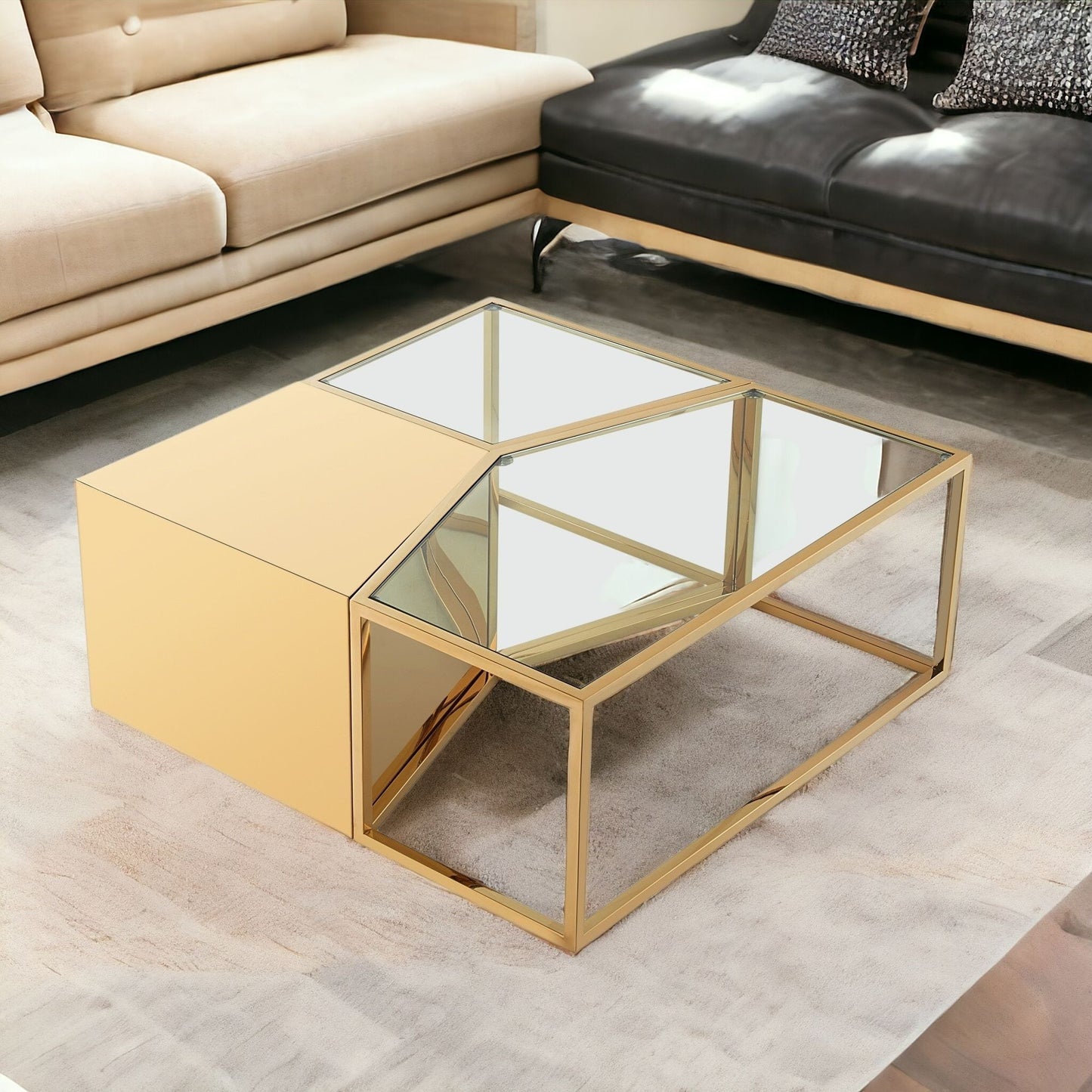 Set of Three 37" Clear And Gold Glass And Stainless Steel Square Mirrored Bunching Coffee Tables