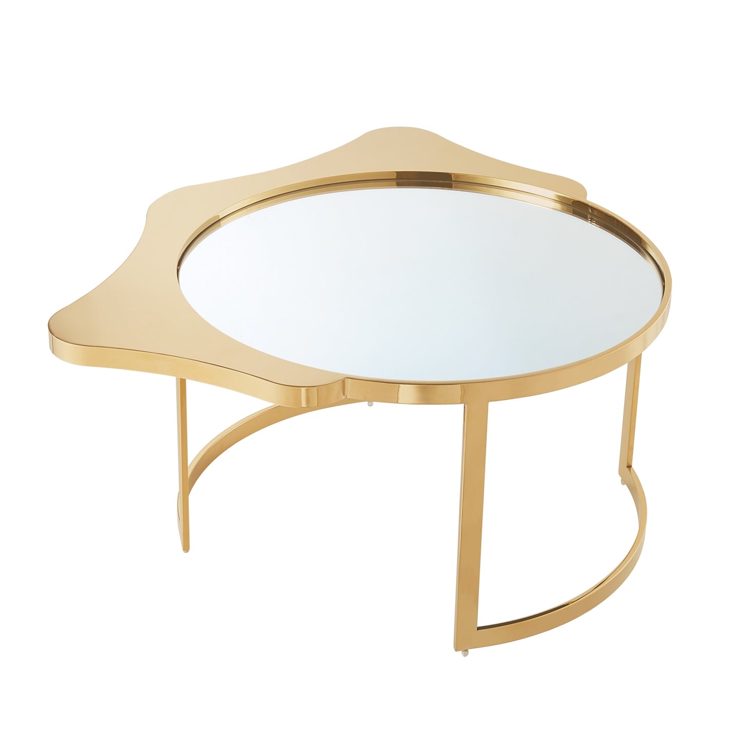 32" Gold Glass And Stainless Steel Round Mirrored Coffee Table