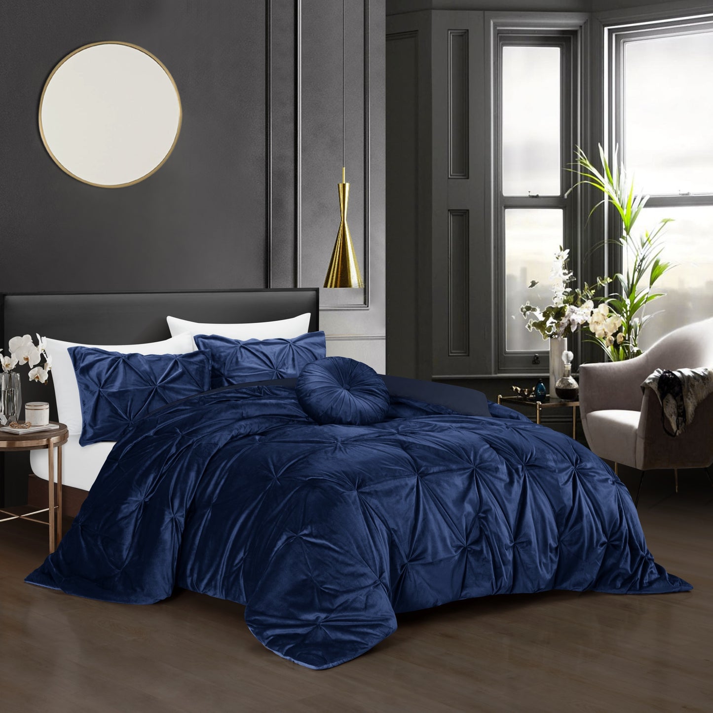 Navy Blue Queen Polyester 130 Thread Count Washable Down Comforter Set