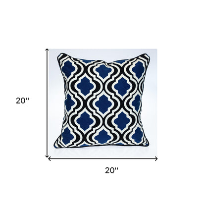 18" X 18" Blue And White 100% Cotton Geometric Zippered Pillow