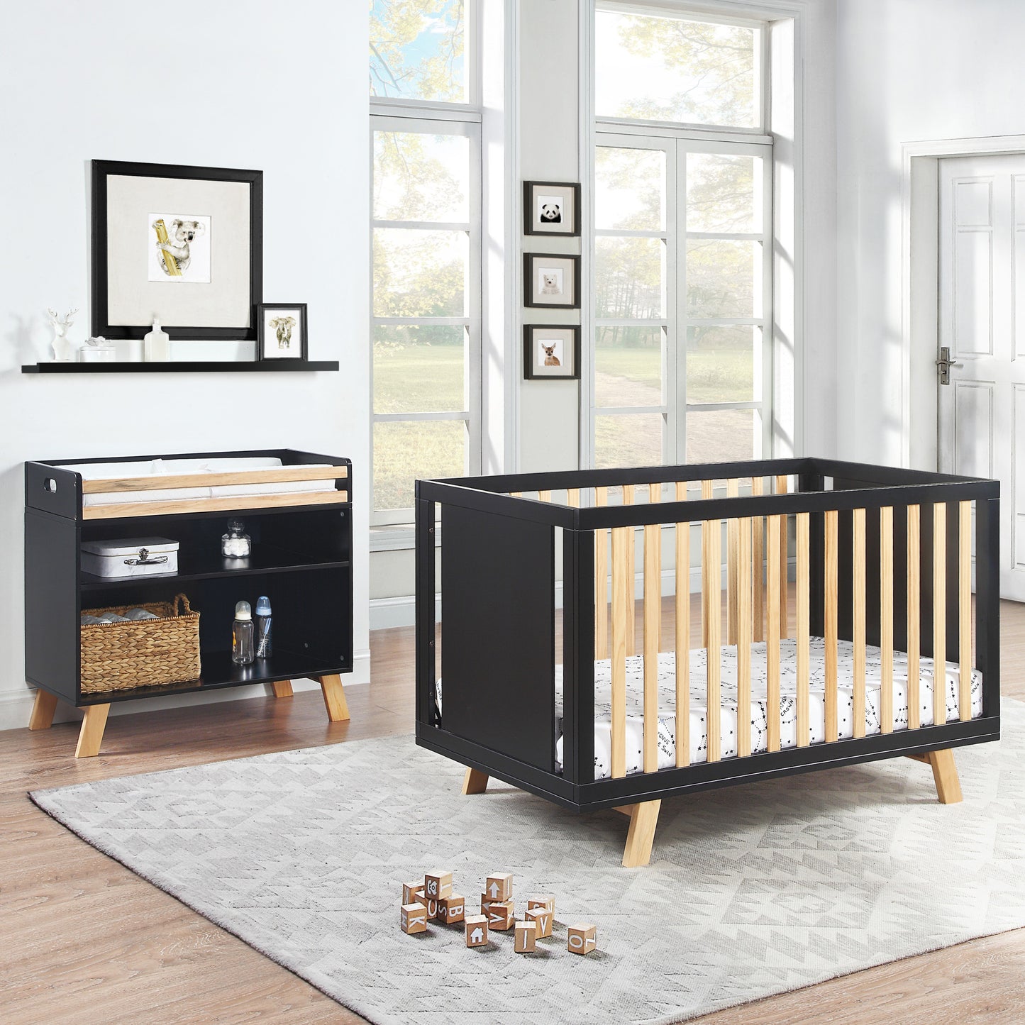 Black Solid and Manufactured Wood Standard Three In One Convertible Crib