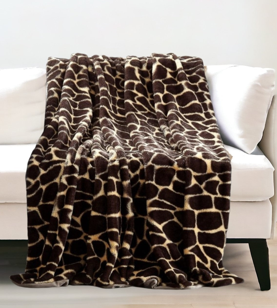 60" X 50" Yellow and Brown Knitted Polyester Animal Print Plush Throw Blanket