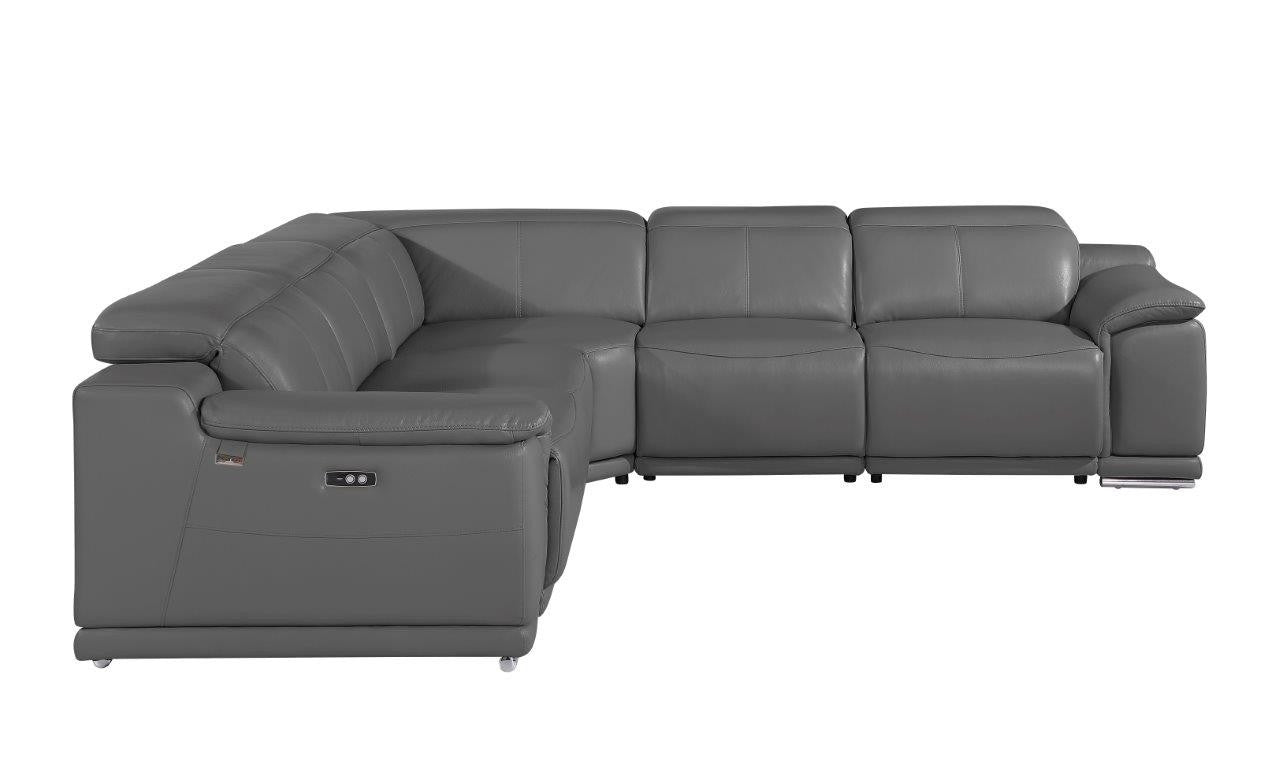 Gray Italian Leather Power Reclining U Shaped Five Piece Corner Sectional With Console