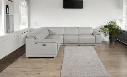 Light Gray Italian Leather Power Reclining U Shaped Five Piece Corner Sectional With Console