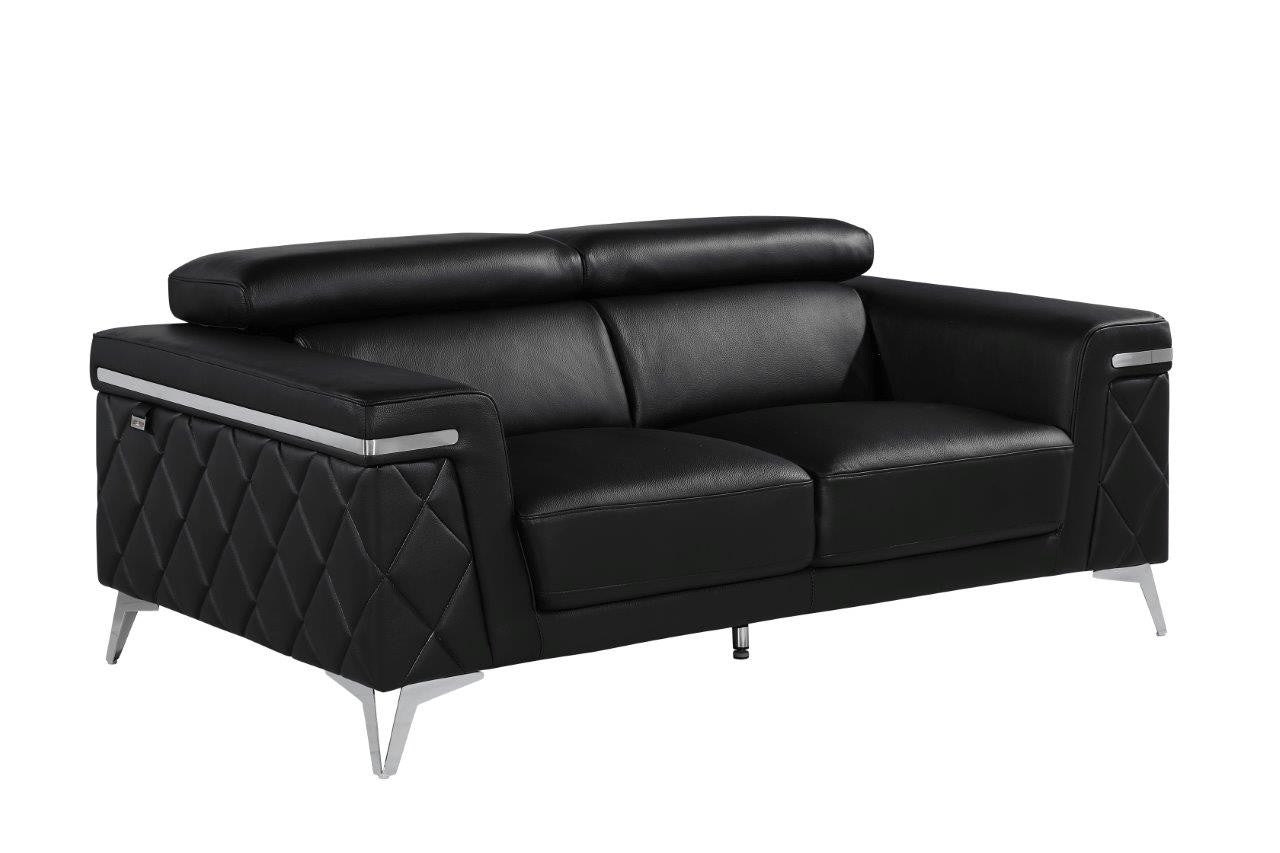 70" Black And Silver Metallic Top Grain Leather Loveseat