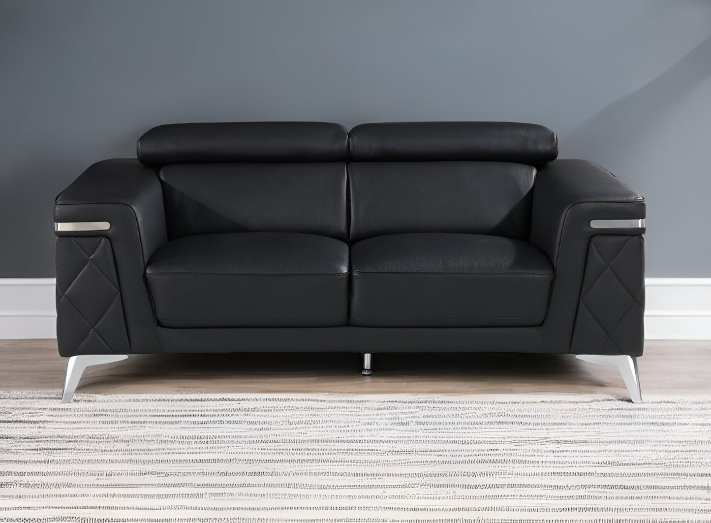 70" Black And Silver Metallic Top Grain Leather Loveseat