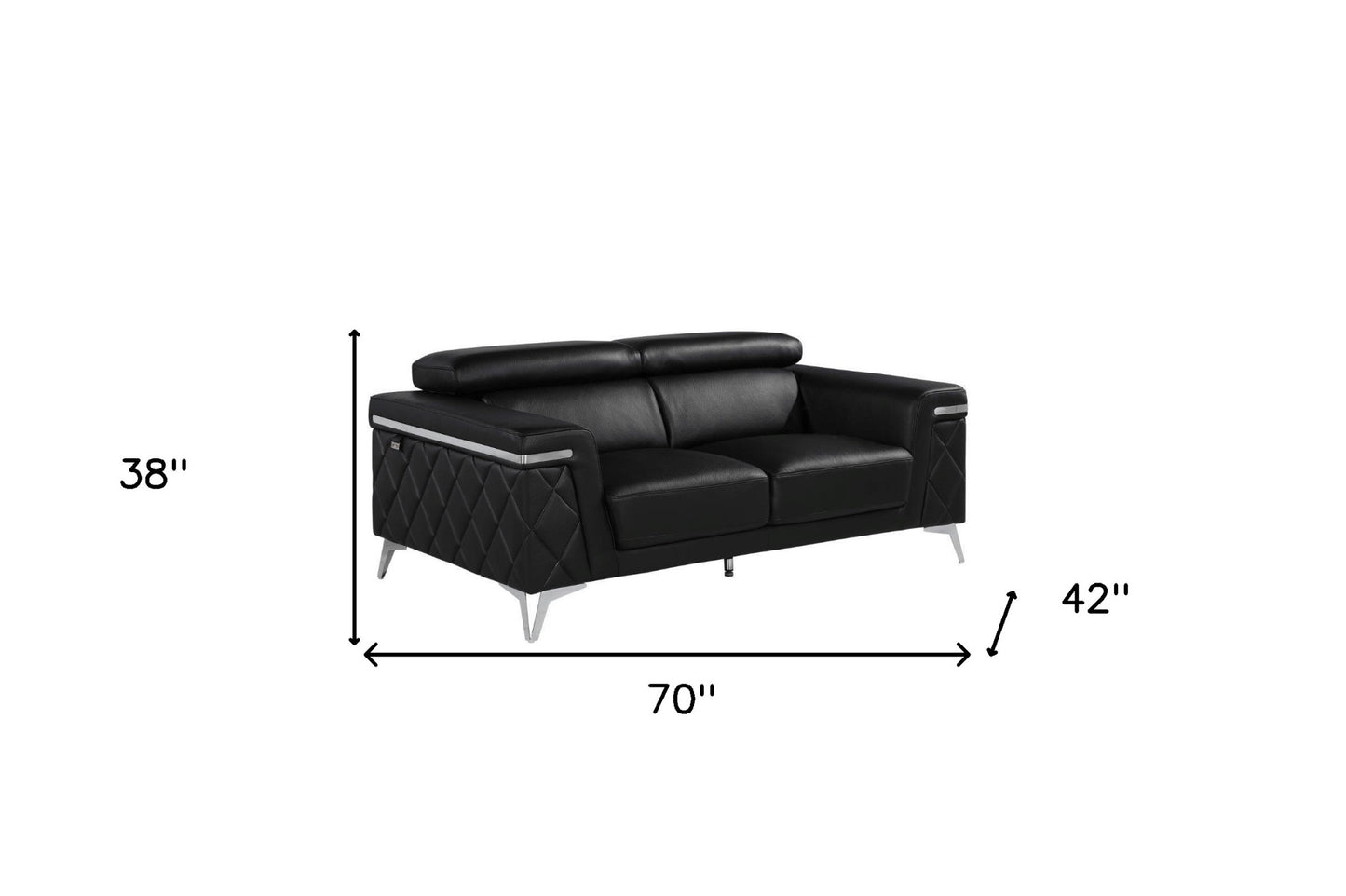 70" Black And Silver Metallic Top Grain Leather Loveseat