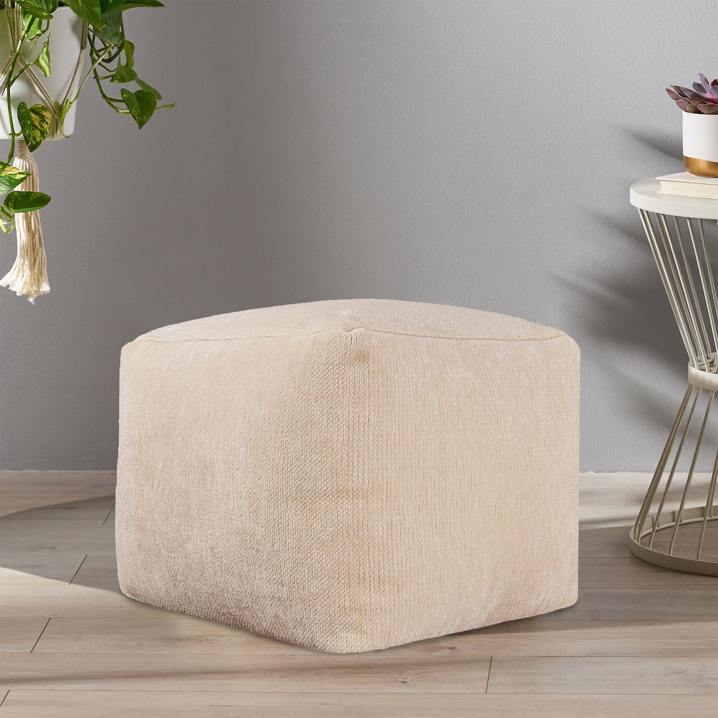 18" Beige Chenille Cube Pouf Ottoman