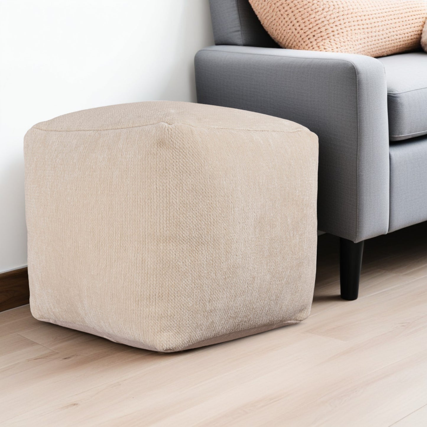 18" Beige Chenille Cube Pouf Ottoman