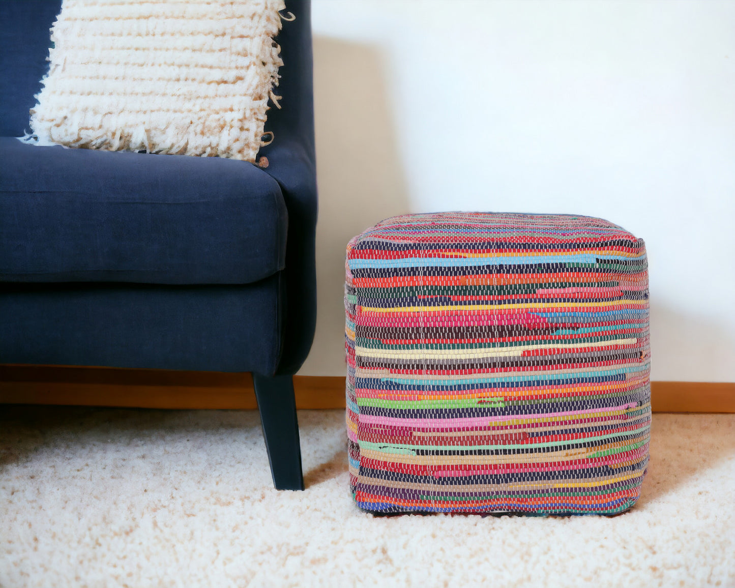 18" Red Cotton Cube Striped Pouf Ottoman