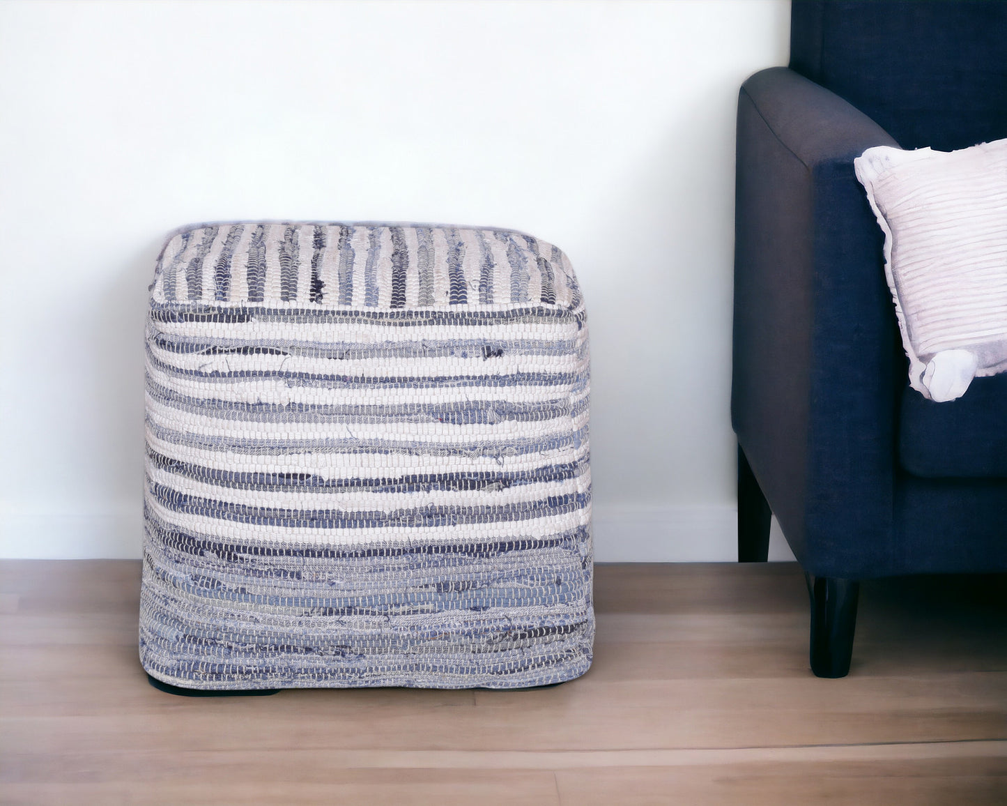 18" Blue Cotton Cube Striped Pouf Ottoman