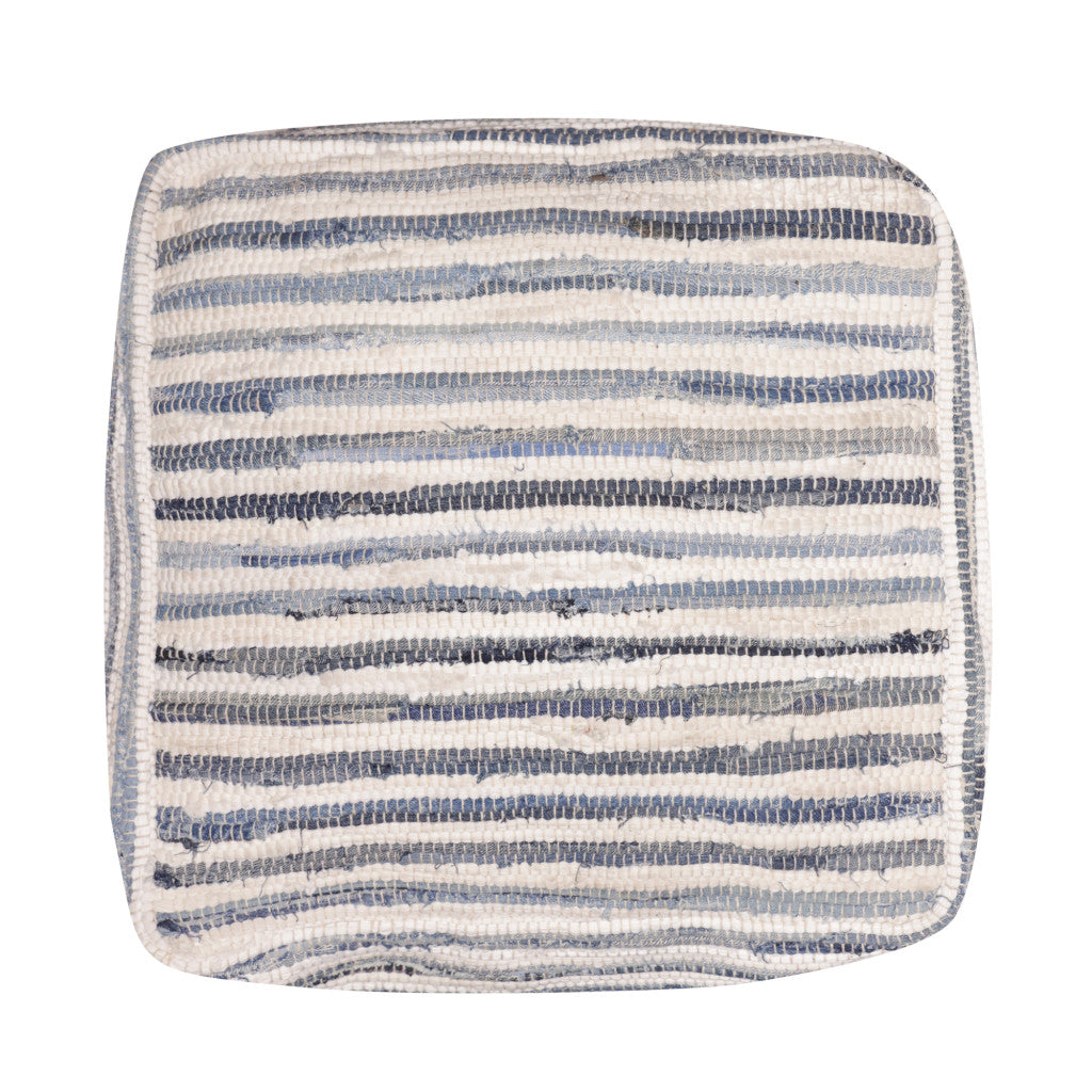 18" Blue Cotton Cube Striped Pouf Ottoman