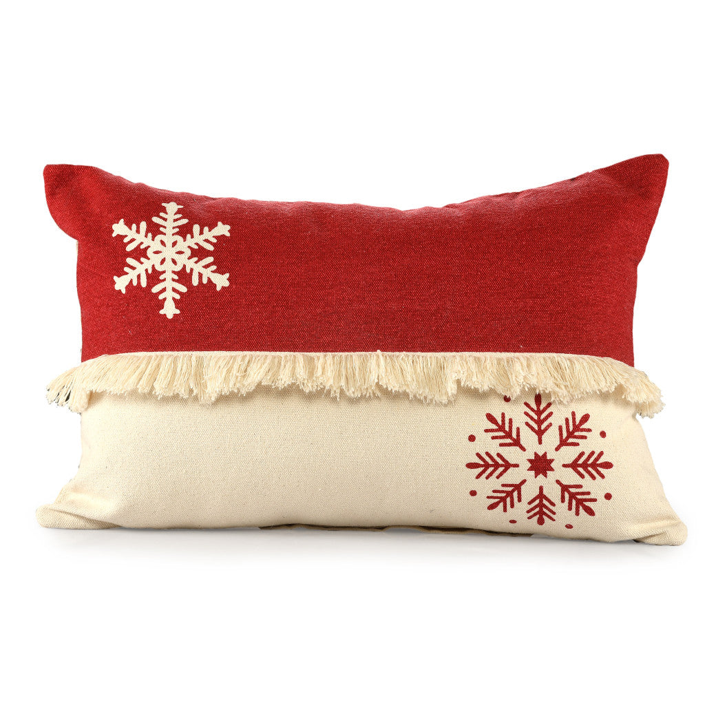 16" X 24" Red Christmas Snowflakes Cotton Abstract Zippered Pillow With Fringe