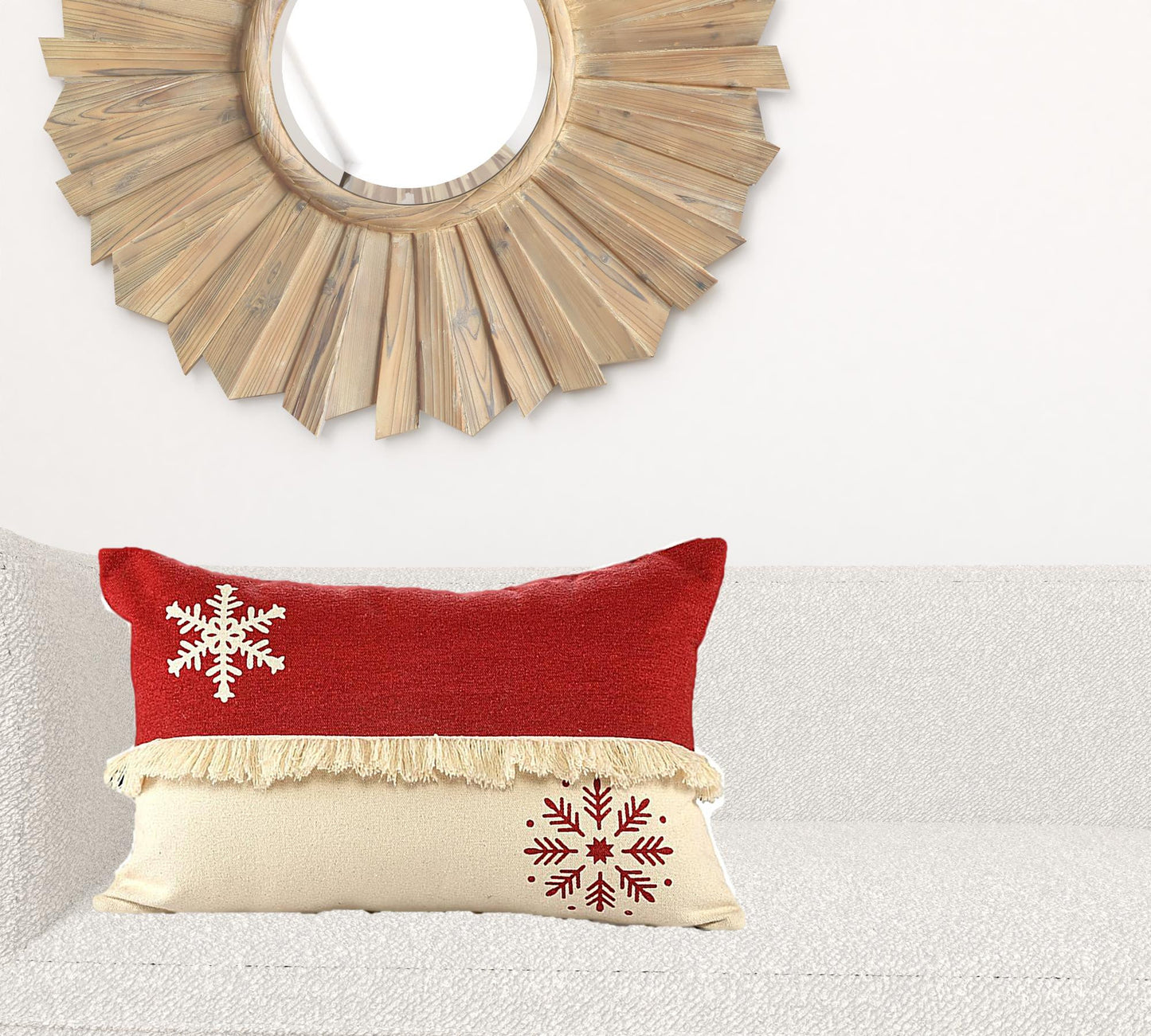 16" X 24" Red Christmas Snowflakes Cotton Abstract Zippered Pillow With Fringe